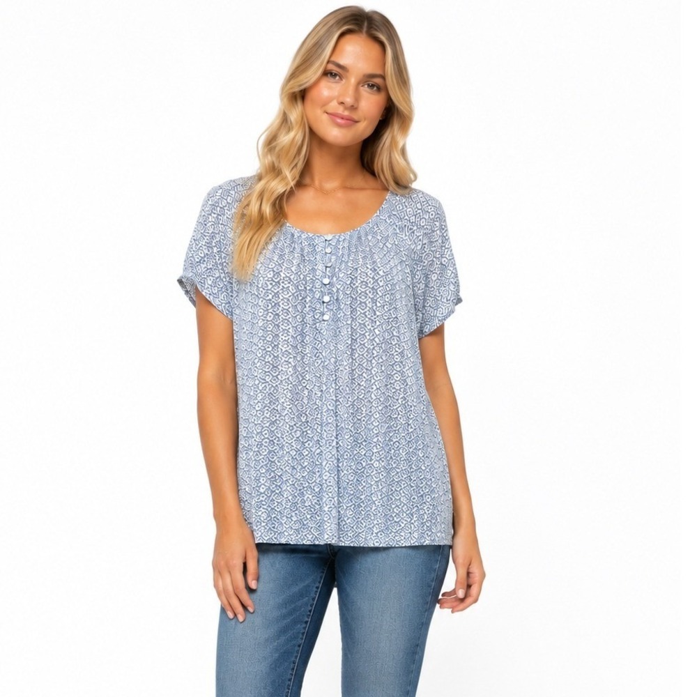 Bit & Bridle Women's Henley Pleated Scoop Neck Short Sleeve Blouse Top Size XL